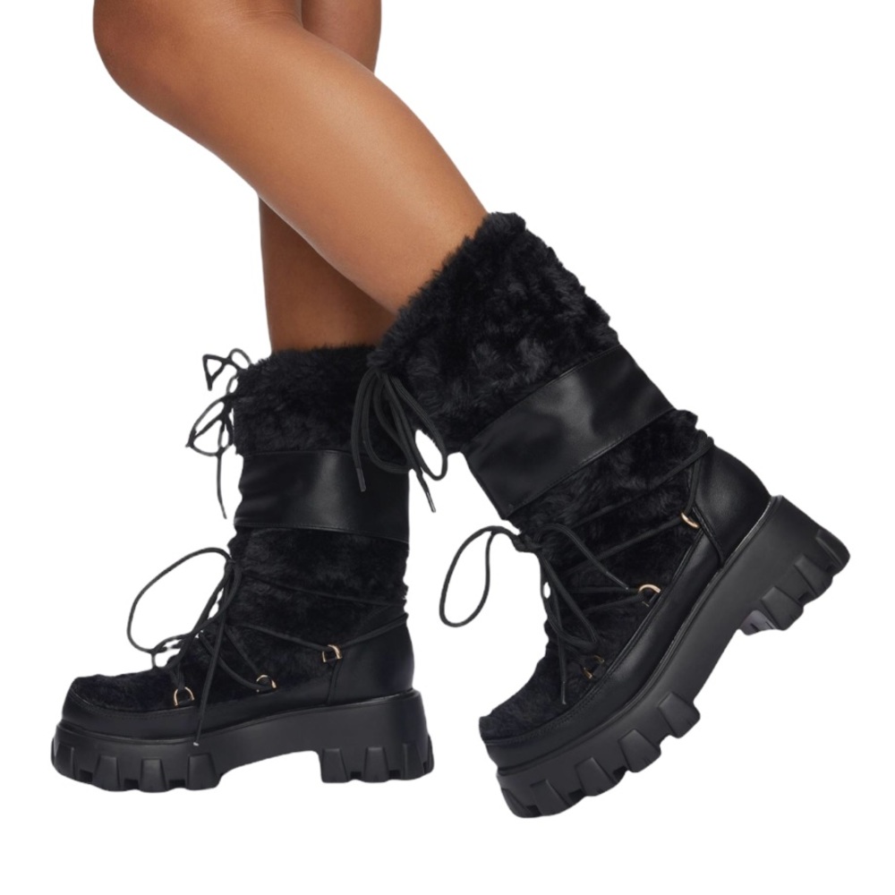 Teyanna Black Vegan Leather Furry Combat Boots - Picture 2 of 5